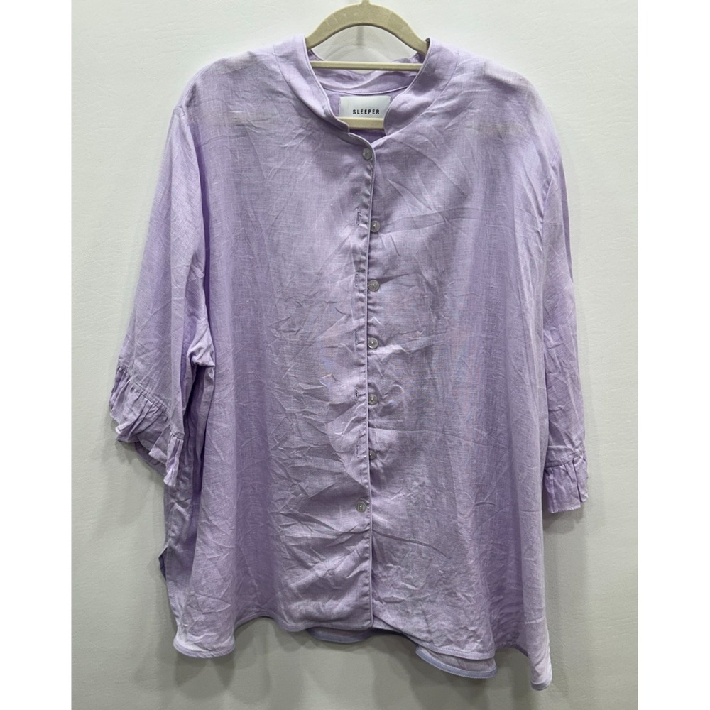 Sleeper Blouse Womens XXL Purple 100% Linen Button Front‎ Ruffle Sleeve Relaxed